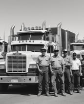 A large white semi-truck is parked outside a warehouse loading dock, positioned to unload or load goods. The truck features a logo with the word 'Innovativos' on the side. Nearby, there is a red and black mechanical lift labeled 'SkyJack' on the ground. The setting is an open area with clear skies in the background.