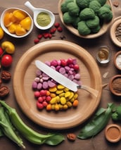 A collection of health supplement containers placed on a wooden tray with a decorative sprig of flowers. The large jar on the left displays a product labeled 'Estreñigran', while two smaller bottles on the right are labeled 'REDU Gran Plus' and 'COLON Cleanser'. The setting has a light gray background with a lavender surface.