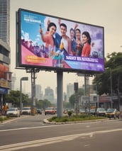 A cityscape with tall skyscrapers adorned with bright, colorful digital billboards. Various ads are displayed for well-known brands, including Yahoo, Dunkin' Donuts, and FOX. The scene is captured during the early evening, with a clear sky above.