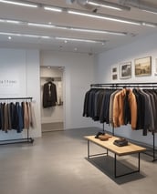 A fashion retail store display with large glass windows showcasing elegant mannequins dressed in upscale clothing. The store interior is brightly lit with a modern, luxurious ambiance. Two people walk past the store, one wearing a long dress and the other a headscarf.