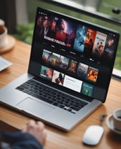 A laptop displaying the Netflix Originals section with various show thumbnails, including Stranger Things, Black Mirror, and Riverdale. The screen interface includes a list of shows available for viewing.