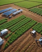 Fresh green sprouts are spread across a blue conveyor belt, enclosed by metal sides. The scene suggests an industrial farming or food processing environment.