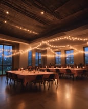 An outdoor event space is decorated with draped white fabric, tables, and chairs under a canopy. Green lighting illuminates the surrounding greenery, creating a vibrant atmosphere. Several people are visible in the background, suggesting a social gathering.