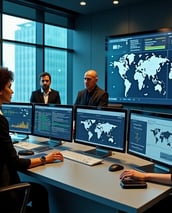 a group of people sitting at a desk with computers