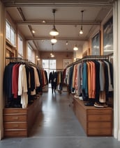 A man wearing a brown fedora and a patterned scarf is browsing through a rack of vintage-style jackets and coats. The setting appears to be a market or a store with various garments on hangers and in the background. Another person is visible, also looking at the clothing, adding to the atmosphere of searching and exploration.