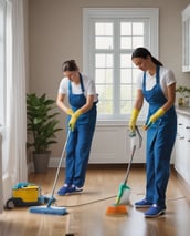 A person in a cleaning uniform is pushing a floor cleaning machine in front of a large wall made of blue-tinted glass blocks. The shadowed silhouette of another person is visible in the foreground, captured mid-step, creating a dynamic sense of motion.