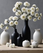 Two large, textured, white ceramic vases are placed on a wooden floor beside a dark, geometrically patterned cabinet. A small ornate vase sits on top of the cabinet, adding to the minimalist decor. The background is a plain, light-colored wall.