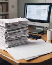 A stack of papers on a desk with a computer in the background