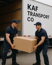 Two delivery professionals lifting a large box from truck — careful handling for high-value freight.