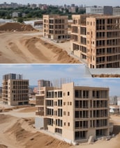 A construction site with several large, modern-looking residential buildings. The landscape in the background shows green fields and distant settlements. There is a swimming pool and a basketball court within the complex. Trees line the edges of the site.