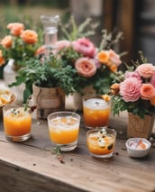 A mobile bar cart is positioned in front of a decorative wall with shelves, featuring a variety of colorful beverage dispensers lined up on top. The wall has a geometric pattern and is adorned with round, vibrant art pieces. Hanging above is a modern light fixture with multiple bulbs, casting a warm glow.