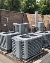 Numerous air conditioning units are densely packed on the exterior wall of a multi-story building. The image shows a very urban setting, with a grid-like arrangement of metal platforms supporting the units. Adjacent to this setup is a zigzagging metal staircase, leading to various floors of the building. The overall appearance is industrial and cluttered.