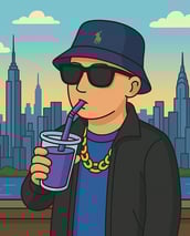 Cartoonartige Darstellung von Hustensaft Jüngling mit Sonnenbrille, stehend vor Stadtpanorama bei Sonnenuntergang, trinkt lil