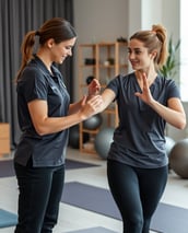 Una fisioterapeuta guiando a su paciente en una sesión de ejercicio en un entorno de gimnasio.