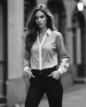 A person with long blonde hair and dark lipstick is leaning back on a large rock. They are wearing a dark outfit with a design on the chest and have rings on their fingers. The background features a stone wall with an industrial, urban feel.