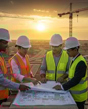 a group of people standing around a table with a map