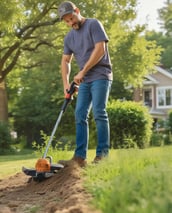 A lawn mower is positioned on a patch of lush, green grass, showcasing the machine's green and black exterior with a red lever on the side.