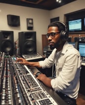 A person wearing glasses is deeply focused on a computer screen displaying audio editing software. The screen shows waveforms and various controls while the room has a dim, professional atmosphere.