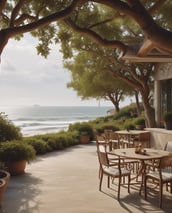 a patio with a table and chairs and umbrellas