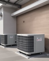 A row of air conditioning units is installed on the rooftop of a building. A person, wearing a hat, is working on one of the units. The building has several ventilators and metal ducts extending from it. The sky is clear and blue.