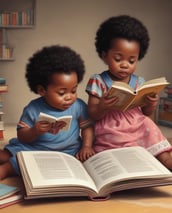 Five young children appear to be reading from various colorful books with illustrations on the covers. The children are seated closely together, engrossed in their books. Each child has distinct hair color and expression, contributing to a playful and whimsical atmosphere.