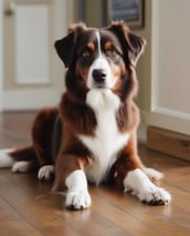 A small, fluffy dog is sitting indoors on a hardwood floor. It is wearing a blue bandana with the words 'NATURE'S FOOD' printed on it, accompanied by a leaf logo. The dog is looking directly at the camera. In the background, there are sheer curtains allowing light to filter in, and part of a person's leg with a patch resembling the American flag is visible.