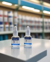 A brown dropper bottle labeled 'Medik8 C-Tetra Luxe' is positioned next to a pair of gold hoop earrings on a light surface. The arrangement casts soft shadows, and the light reflects on the metallic surface of the earrings.