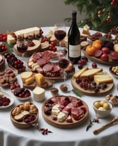 A selection of ingredients is arranged on a wooden cutting board. There is a loaf of crusty French bread, blocks of Gruyère cheese, a bottle of cognac, and a large bottle of beef broth. Surrounding these items are various vegetables, including garlic, shallots, green onions, and red and yellow onions. Fresh thyme sprigs are also present, tied with a string.