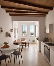 A multi-story building with a slightly aged facade. The middle floor has a window with a warm light illuminating the interior, suggesting someone is home. A sign is displayed on the balcony above, indicating the property might be for rent or sale. The building is situated on a narrow street between similar structures with visible street signage.