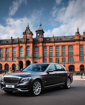 The front of a luxury car featuring a prominent grille and a small statue on the hood. A decorative white ribbon is attached to the hood, signifying that the vehicle is likely used for a wedding. The license plate reads 'QUEENS' and indicates a wedding car hire service.