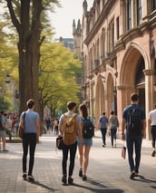 A classroom scene where a student seated at a desk is using a tablet with an external keyboard. The student is wearing headphones. In the background, other students are also using tablets and working at their desks. The classroom has educational posters on the walls and a whiteboard at the front.