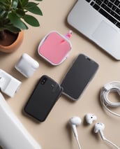 A collection of iPhones and accessories are displayed on a flat surface. The image features several iPhones in different colors, including black, yellow, and mulberry. There is an open phone box containing EarPods and a charging adapter. A box of an iPhone is positioned upright, and there's a small green plant in the corner.