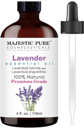 Majestic Pure lavender essential oil bottle labeled 100% natural premium grade, 4 oz with dropper