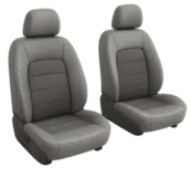 a pair of two grey leather seats with a grey leather seat