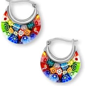 Colorful Murano Style Millefiori Glass Hoop Bohemean Earrings.