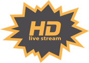 gelber und grauer HD-Live-Stream-Logotyp in einem Spritzer