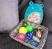 A basket with some sensory fidget tools and a squishy cushion.  Emily is an Autism specialist