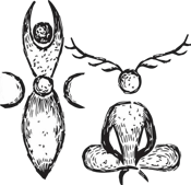 a black and white drawing of a wiccan goddess and a voodoo witch
