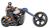 Lance Scott in a leather jacket and sunglasses riding a Harley Davidson