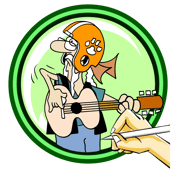 Biker Toot playing guitar with a Clemson football helmet on.