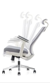 Mesh chair with white frame shown in recline positions, dynamic side view
