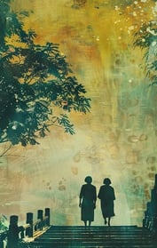 Two people walking on a forest path, symbolising guidance and care.