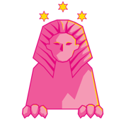 A stylised drawing of a pink Egyptian Sphinx with three gold stars above its head 
