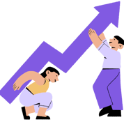 a man and woman are holding up a large purple arrow