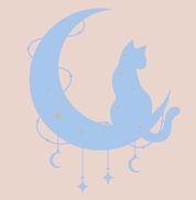 Dessin d’un chat assis sur la lune, ambiance mystique