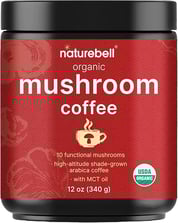 a red pot of mushrooms with coffee powder