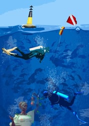 Scuba divers swimming near an underwater statue of Lady Liberty