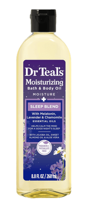 Dr Teal's Moisturizing Bath and Body Oil front label showing sleep blend with lavender and chamomile