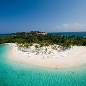 Aerial view of Cayo Levantado with white sand beach and turquoise water in Samaná, Dominican Republic