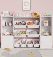 a room with a shelf with lots of toys and toys
